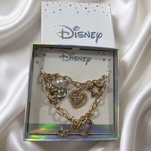 Disney Gold Charm Bracelet Mickey Minnie Heart Star Pearl Iridescent Beads - NWT